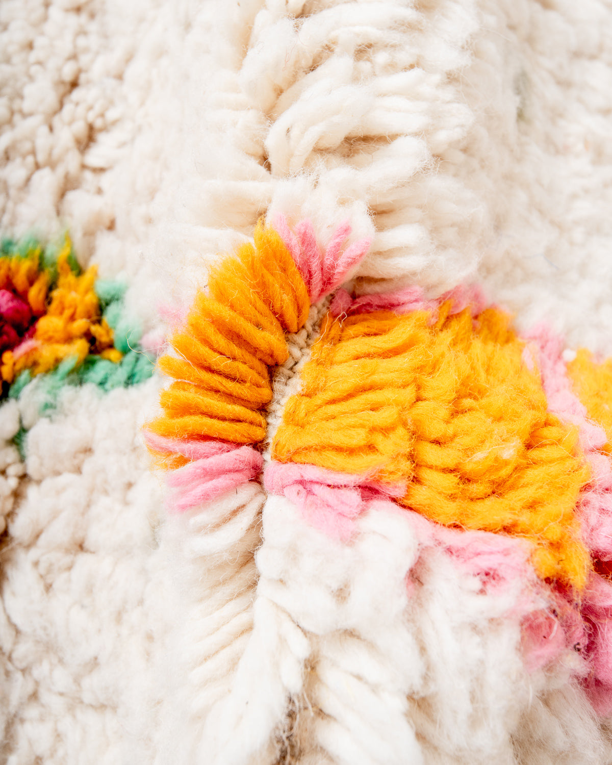 Modern, designer, handcrafted Berber rug from Morocco. Beniourain carpet with beautiful colours and patterns and fluffy wool texture.